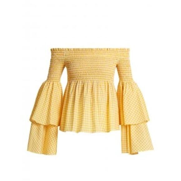 NWT Caroline Constas Appolonia Top Yellow Sz M Gingham Plaid Flare Ruffle Sleeve - Picture 1 of 6